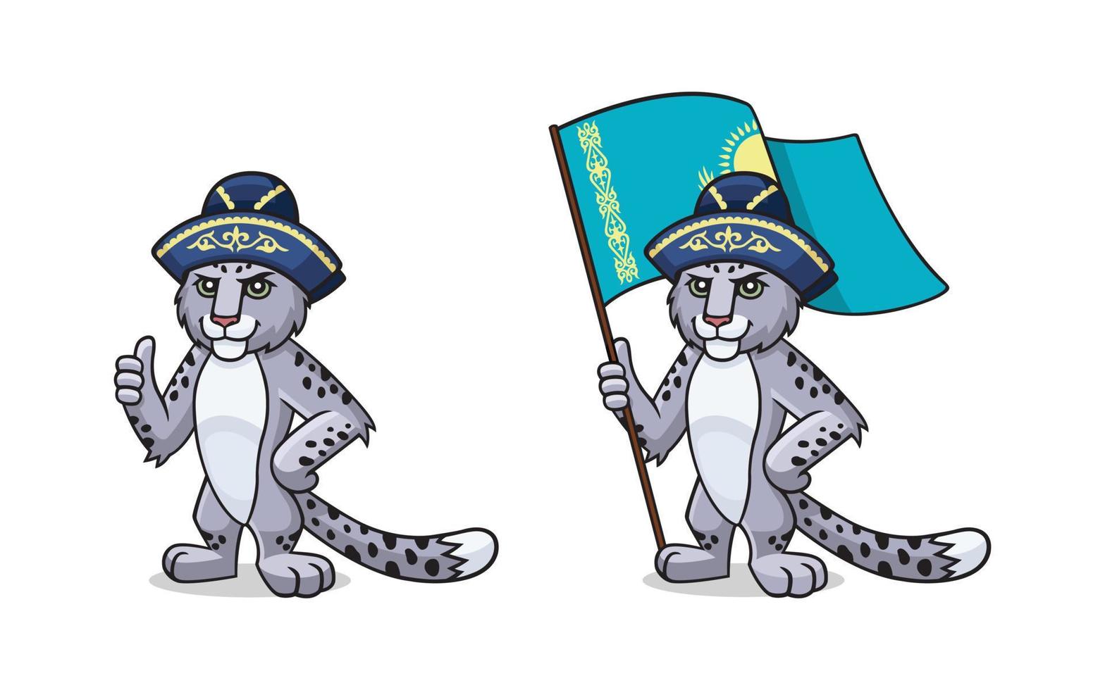 personaje, mascota, símbolo, signo de kazajstán. leopardo de las nieves: irbis tiene un sombrero kazajo oriental tradicional con la bandera de kazajstán. conjunto de leopardos de las nieves vector