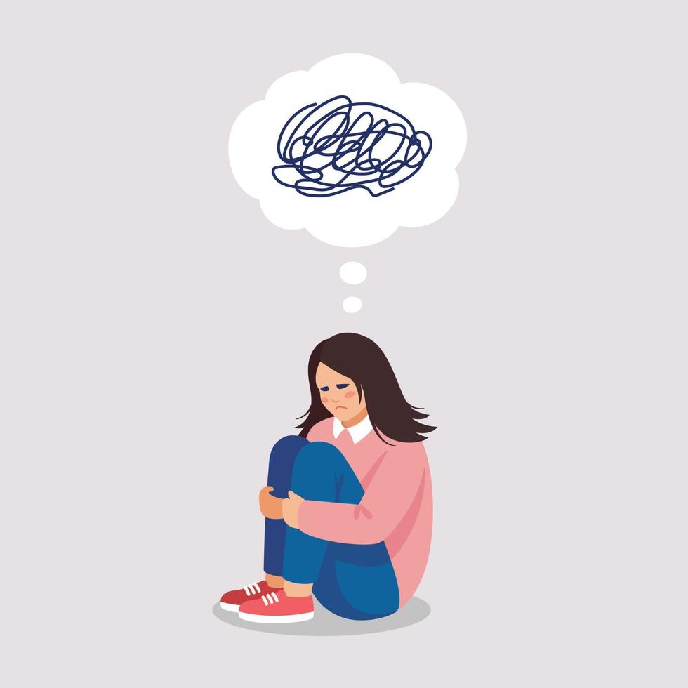 Sad girl suffers of symptom of depressive disorder, mental mess. Vector illustration about mental problems in flat style.