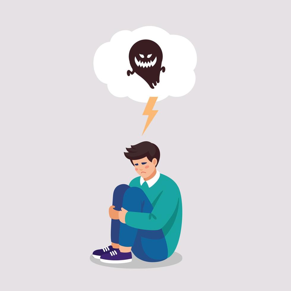 Scared sad boy suffers of phobias, depressive disorder, paranoia, stress. Vector illustration of mental problems