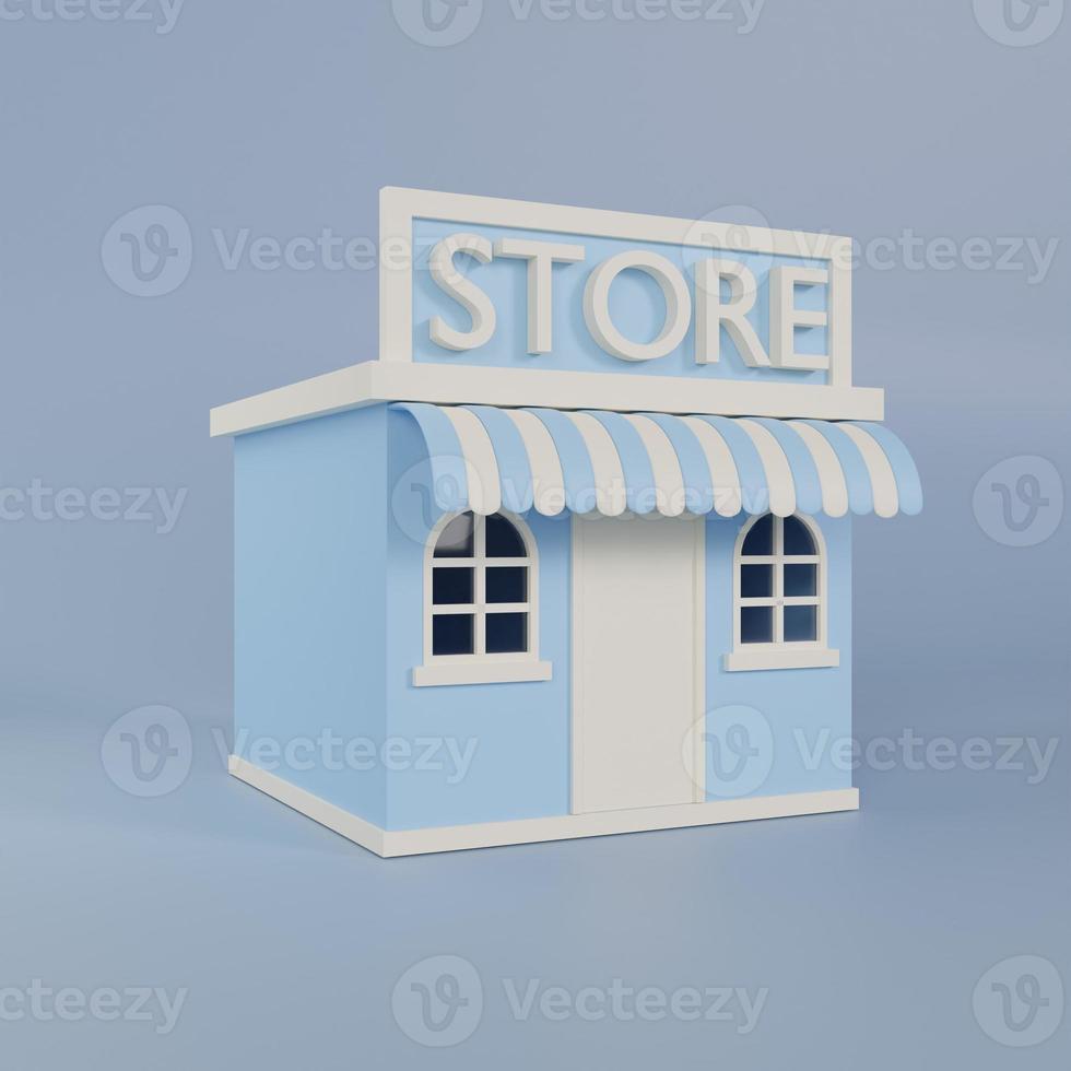 3D rendering blue minimal store with white door on blue background photo