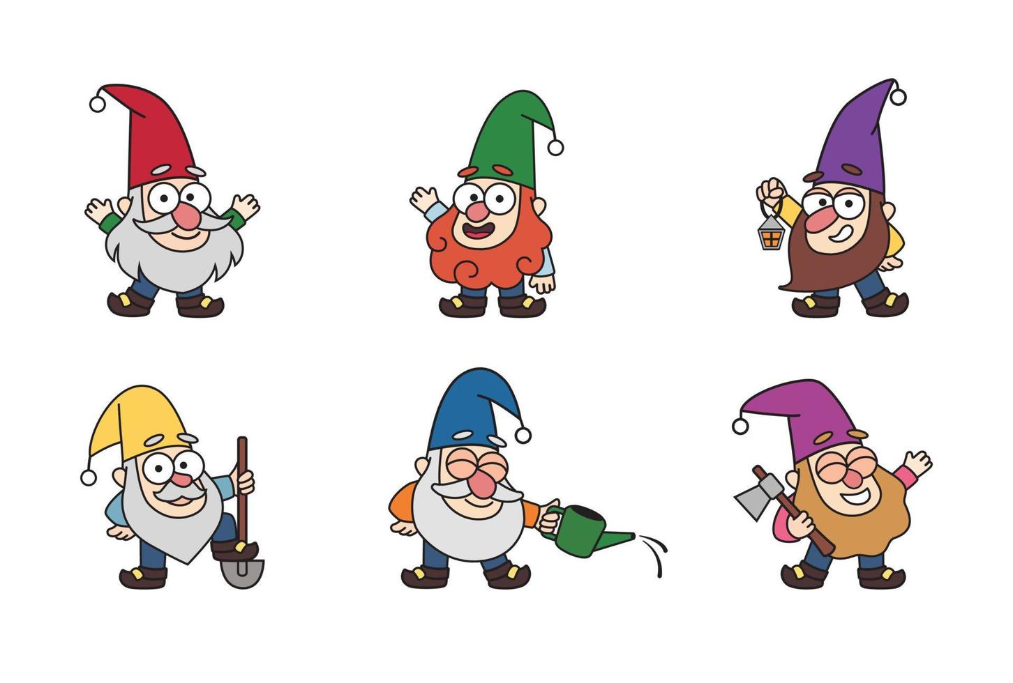 Cheerful little garden gnomes, dwarfs, old men, gardeners in cartoon style. Colorful vector fairytale kids illustration, drawing characters, mascots, stickers. Gnomes set