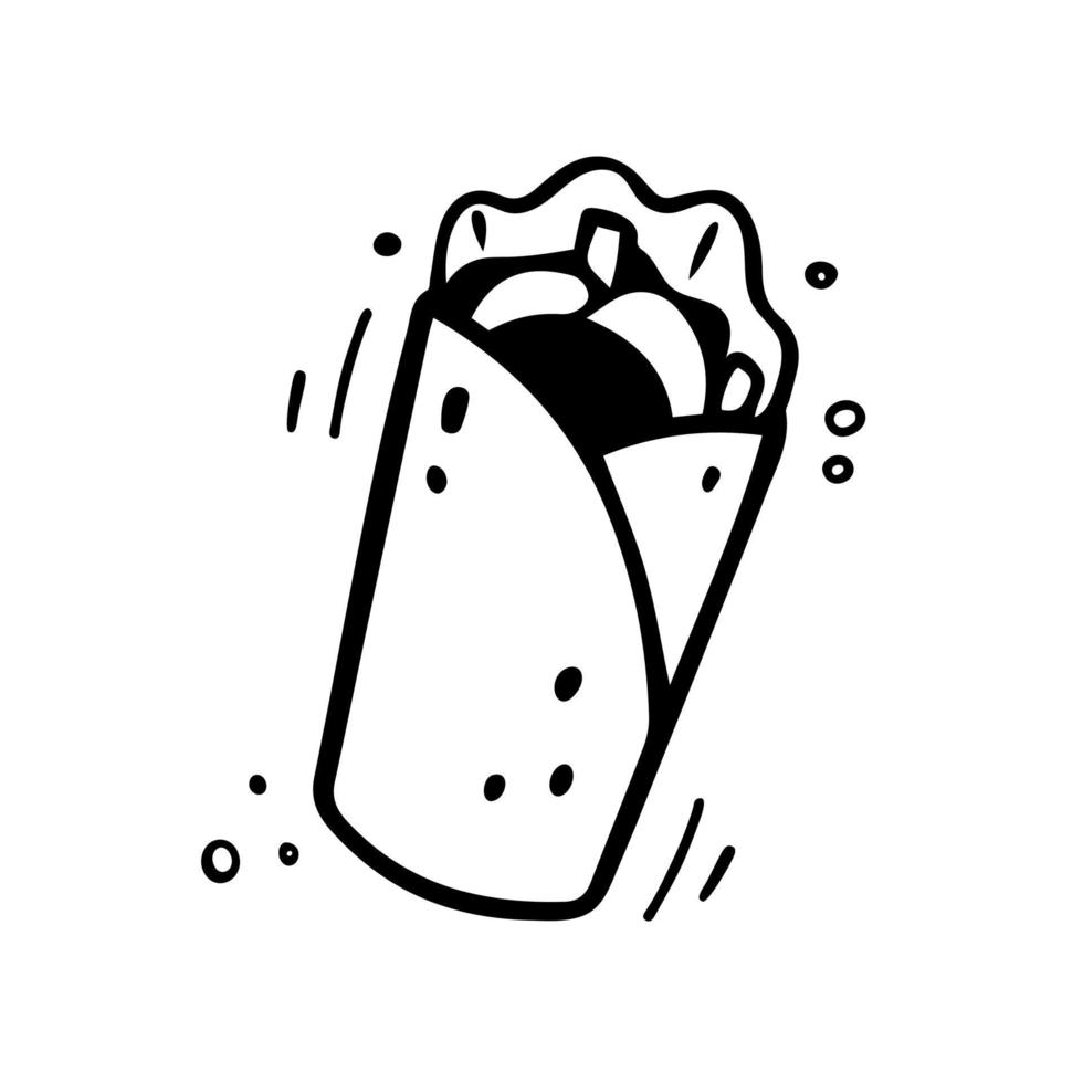 Hand drawn shawarma. Fast food illustration in doodle style. Sketch of burrito twister. vector