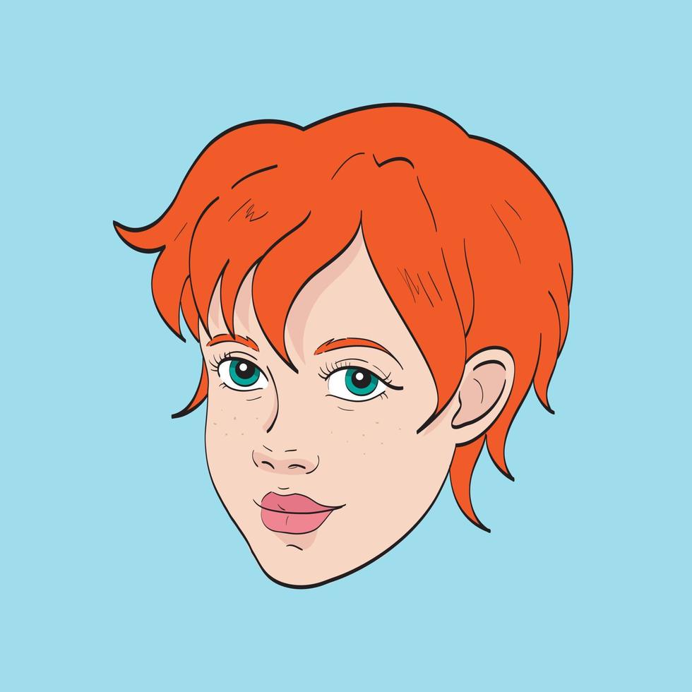 Hand drawn female fashion portrait. Avatar of a young woman, redheaded, ginger teenager girl with short haircut. Vector doodle illustration. Sketch of girl's head