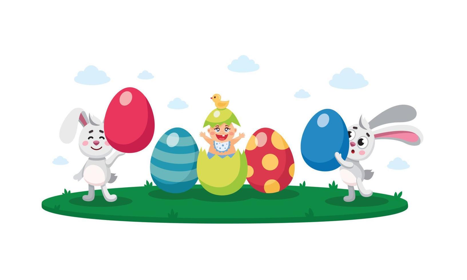 Happy easter, egg hunt flat kid's vector illustration, composition, banner, card, poster with painted, decorative eggs, newborn baby, easter rabbits, bunnies, hares, seasonal greeting