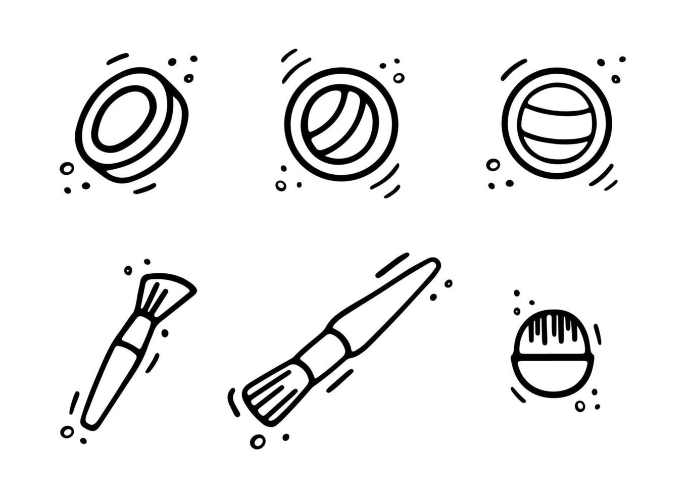 Cosmetic Icons. Makeup brushes, powder, eye shadows setin doodle style. Woman stuff, eco girls accessory concept. Vector hand drawn flat illustration isolated on white.
