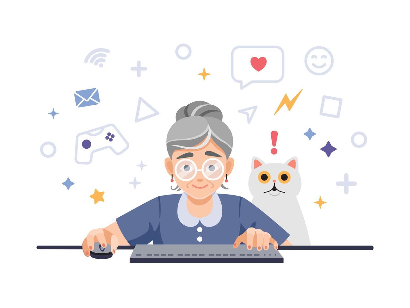 una feliz y emocionada anciana, jubilada, abuela está jugando videojuegos en la computadora, laptop con una mascota sorprendida, gato. Ilustración de vector plano colorido lindo, postal de dibujos animados.