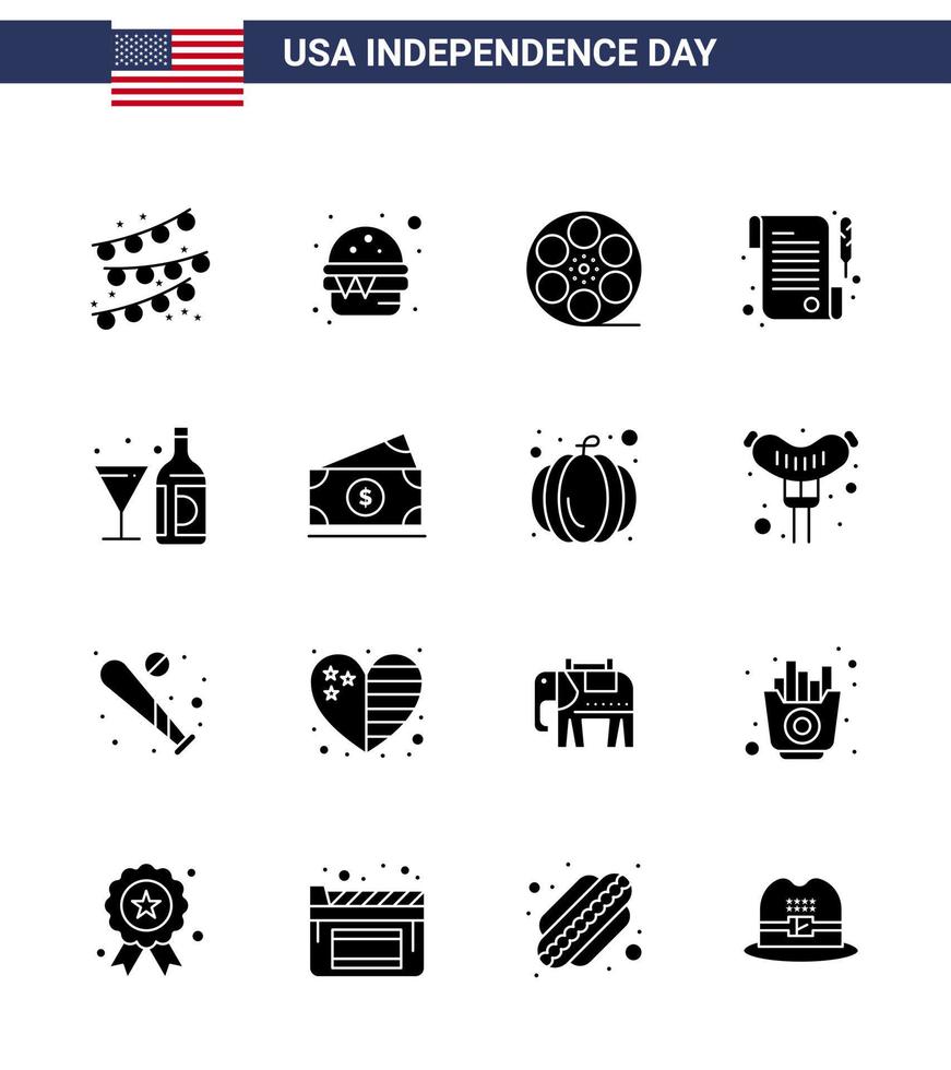 16 USA Solid Glyph Pack of Independence Day Signs and Symbols of bottle wine play drink receipt Editable USA Day Vector Design Elements