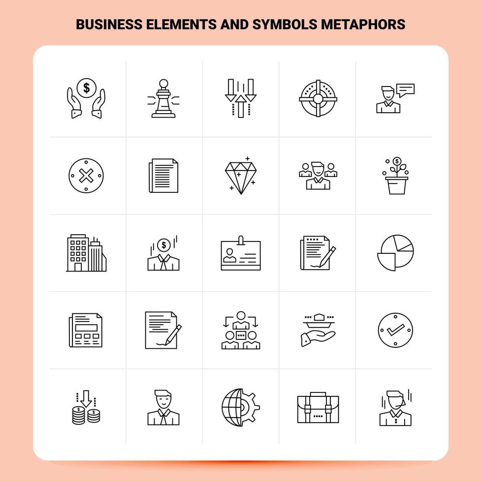 OutLine 25 business elements and symbols metaphors Icon set Vector Line Style Design Black Icons Set Linear pictogram pack Web and Mobile Business ideas design Vector Illustration