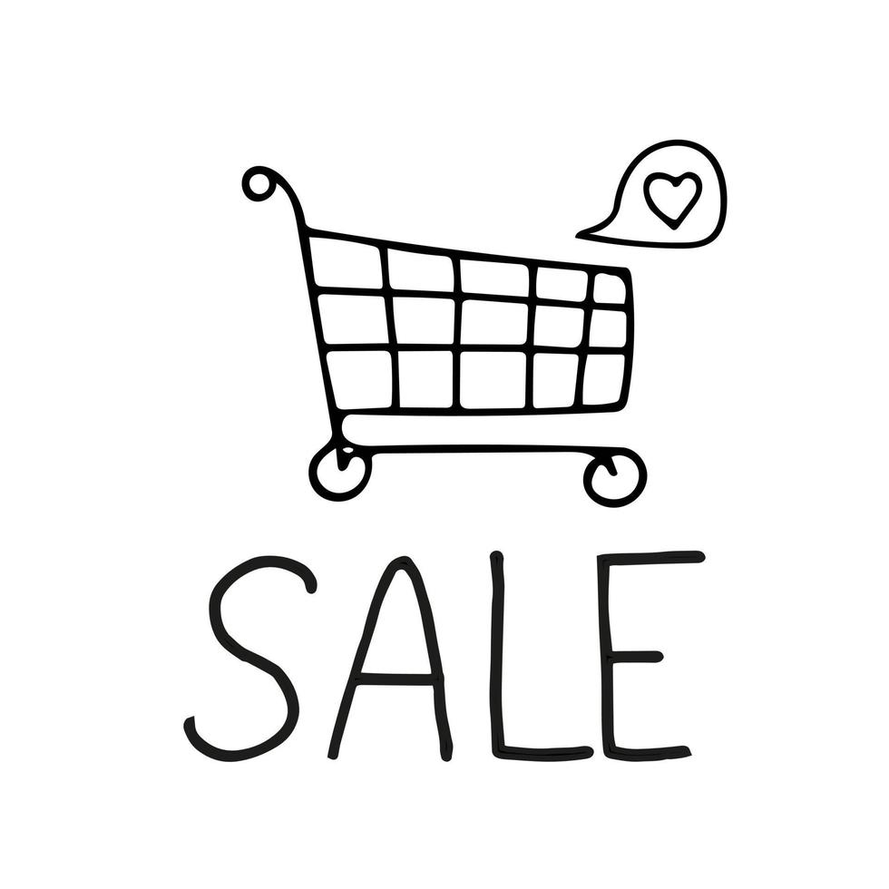 shopping cart, heart and text sale hand drawn doodle. , minimalism, scandinavian, monochrome, nordic, sketch banner card flyer poster vector