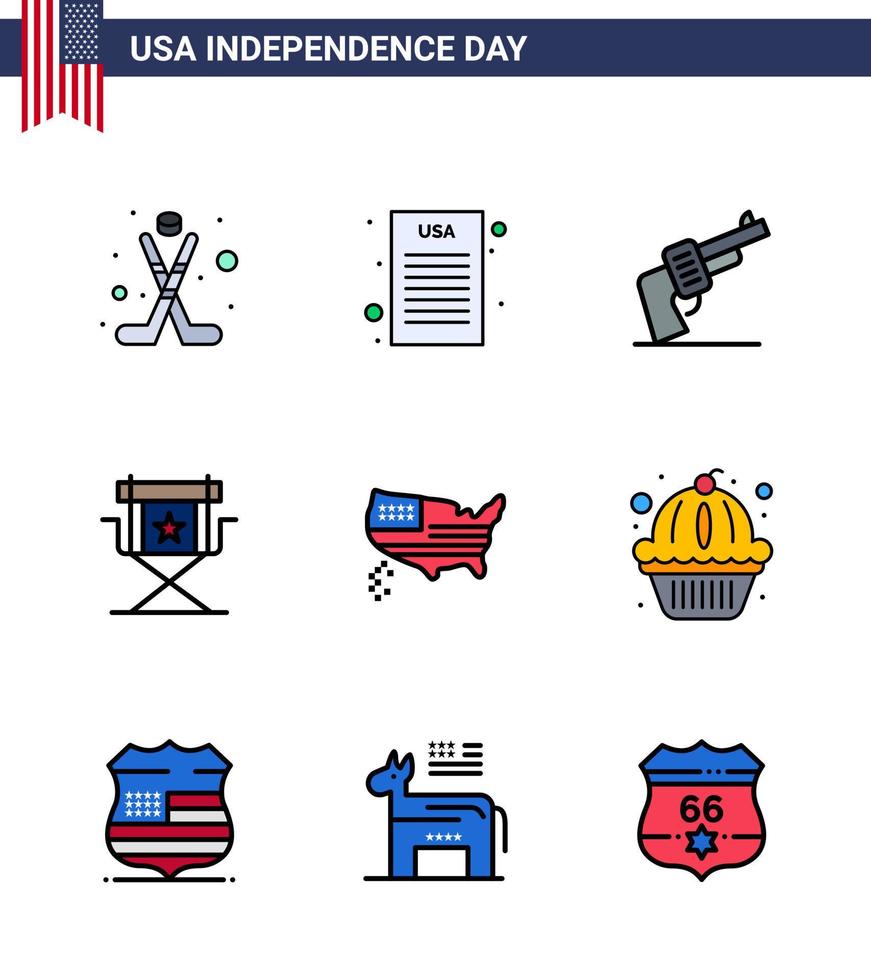 USA Independence Day Flat Filled Line Set of 9 USA Pictograms of map television hand star director Editable USA Day Vector Design Elements