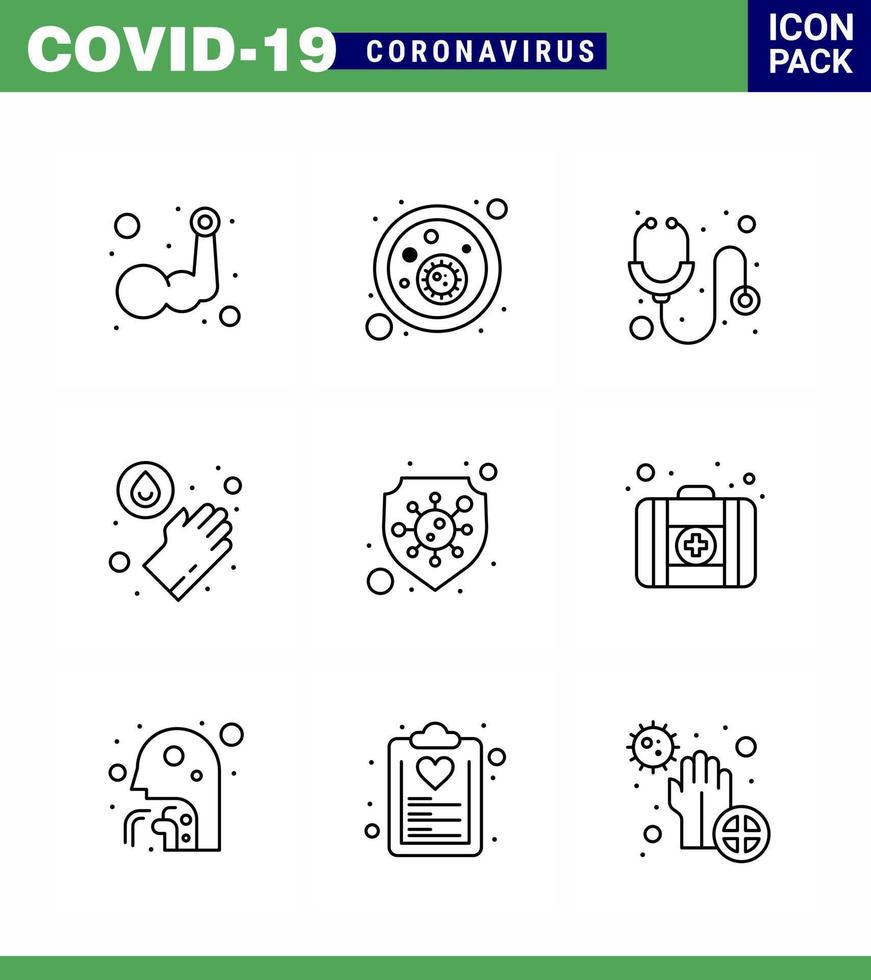 Covid19 Protection CoronaVirus Pendamic 9 Line icon set such as safety washing virus medical stethoscope viral coronavirus 2019nov disease Vector Design Elements