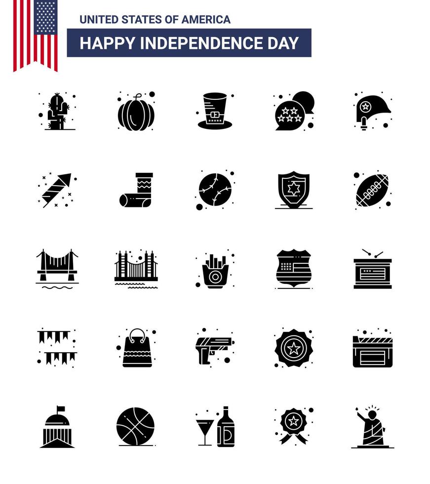 Stock Vector Icon Pack of American Day 25 Solid Glyph Signs and Symbols for protection head hat chat bubble usa Editable USA Day Vector Design Elements