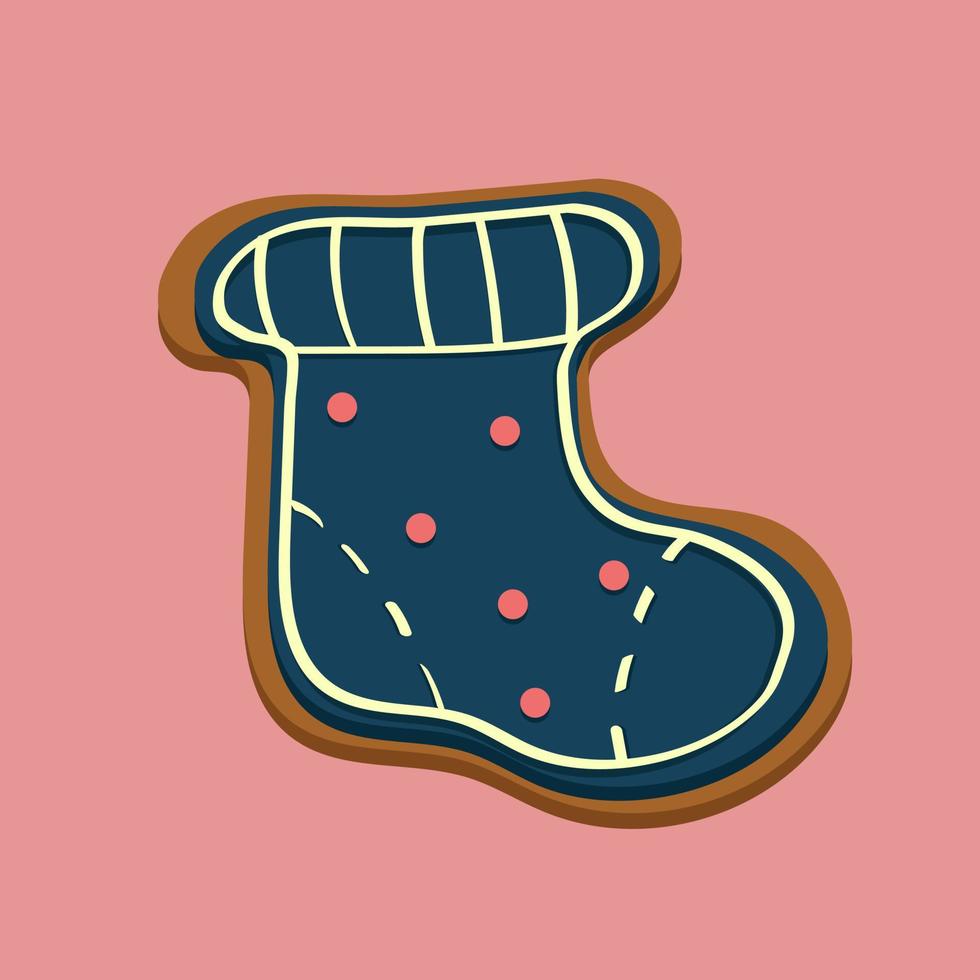 Blue Christmas sock with ornaments and red glazed balls on a pink background. Holiday. Vector. vector