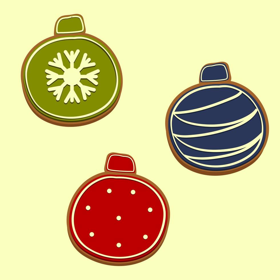 Christmas gingerbread balls with frosted patterns. Green, blue, red gingerbread on yellow background. Holiday. Vector. vector