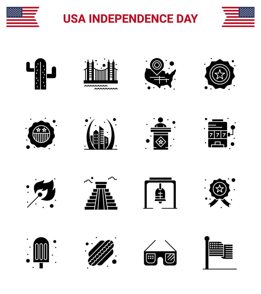 USA Happy Independence DayPictogram Set of 16 Simple Solid Glyphs of badge american tourism location pin usa Editable USA Day Vector Design Elements