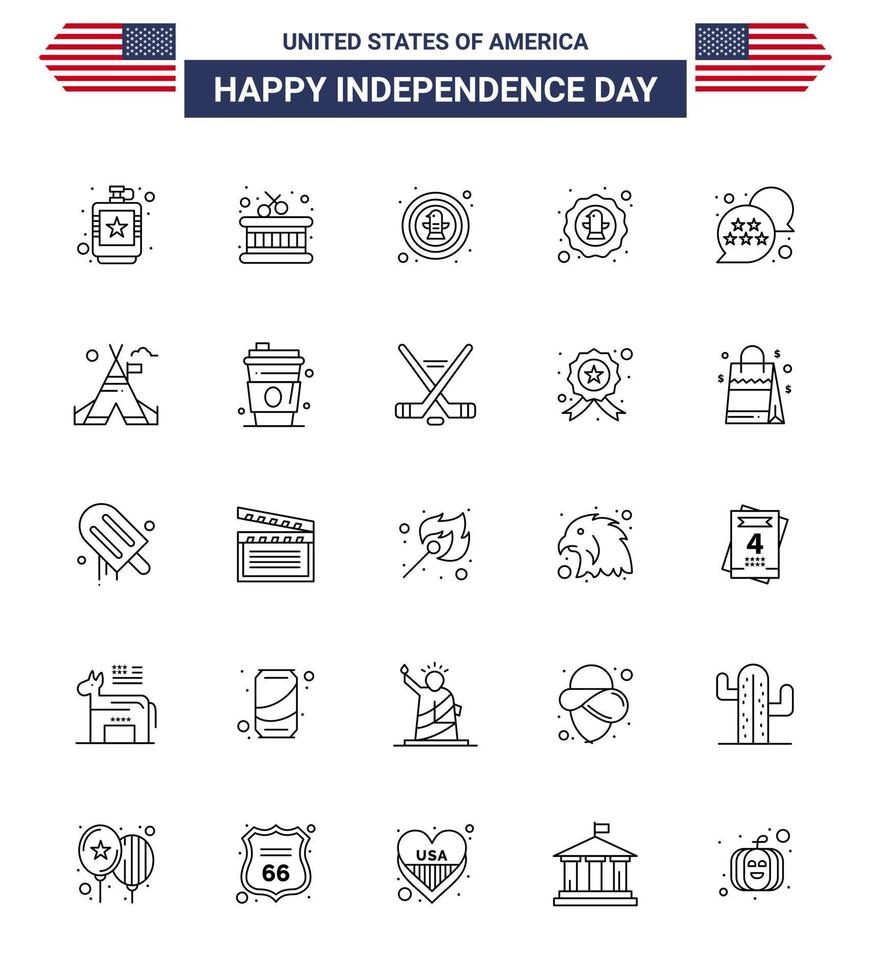 25 Creative USA Icons Modern Independence Signs and 4th July Symbols of tent free star american usa badge Editable USA Day Vector Design Elements