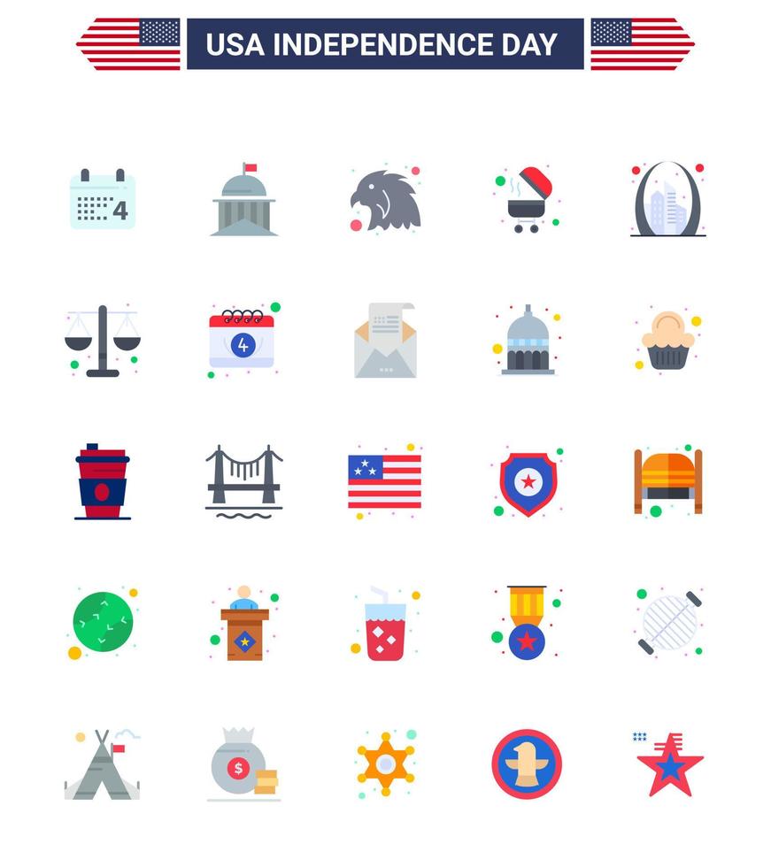 conjunto moderno de 25 pisos y símbolos en el día de la independencia de estados unidos, como el arco de la puerta parrilla irlandesa barbacoa elementos de diseño vectorial editables del día de estados unidos vector