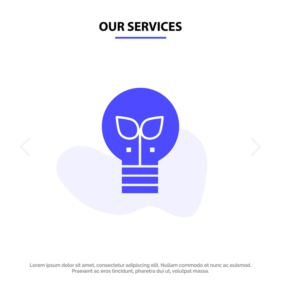 Our Services Eco Idea Lamp Light Solid Glyph Icon Web card Template vector
