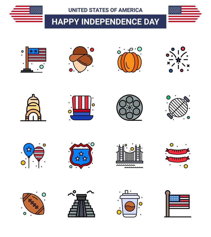 16 USA Flat Filled Line Signs Independence Day Celebration Symbols of day building pumpkin chrysler american Editable USA Day Vector Design Elements