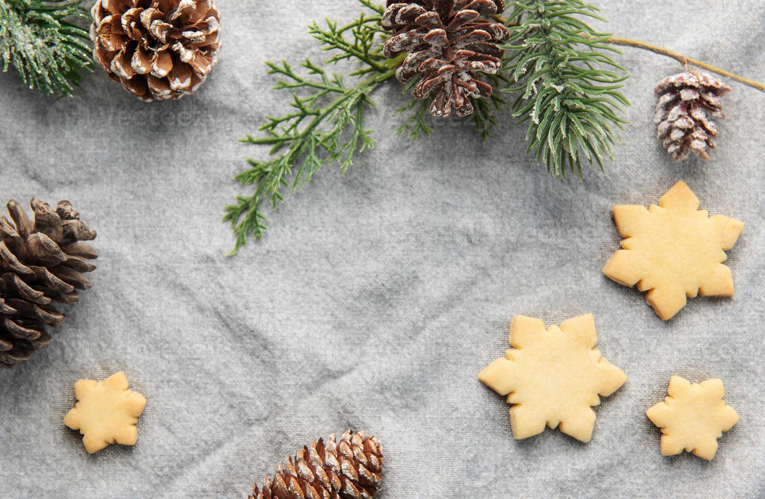 Pine branch and Christmas cookies on a textile background photo