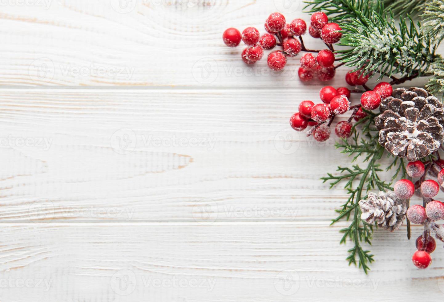 Fir Tree Decorations  On White wooden Backgrund With Copy Space photo