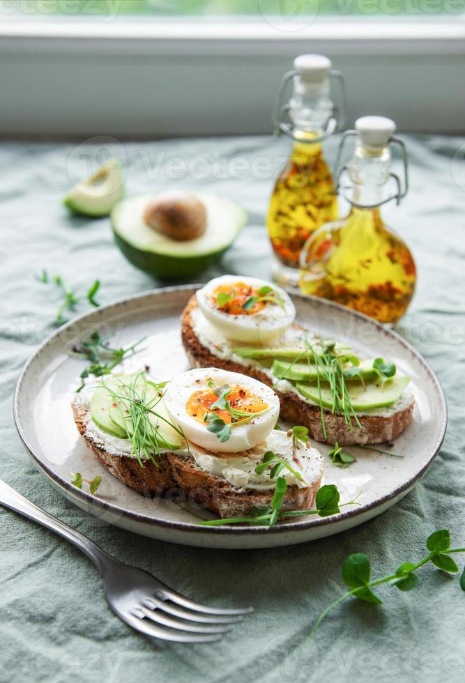 Bread toast, boiled eggs, avocado slice, microgreens on a plate photo