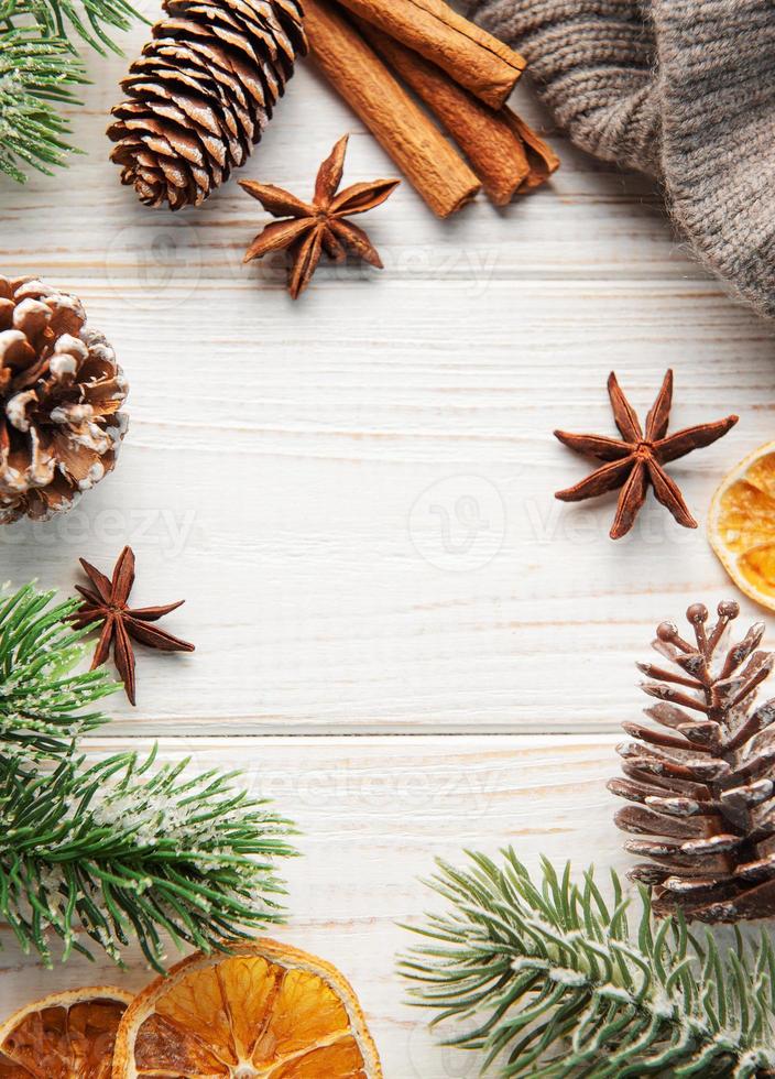 Christmas decoration with presents making a frame with copy space. photo