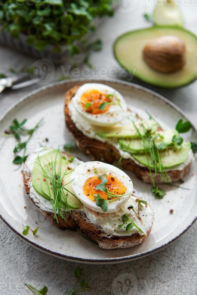 Bread toast, boiled eggs, avocado slice, microgreens on a plate photo