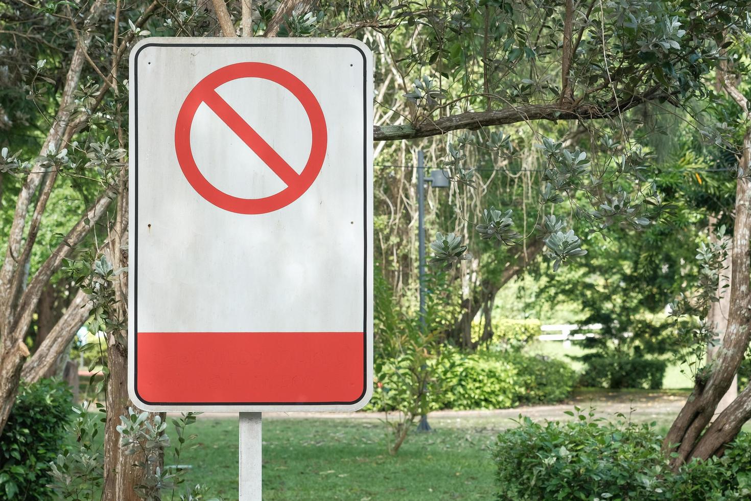 Warning or prohibited transportation sign in the public park area with text copy space. Park regulations template concept. photo