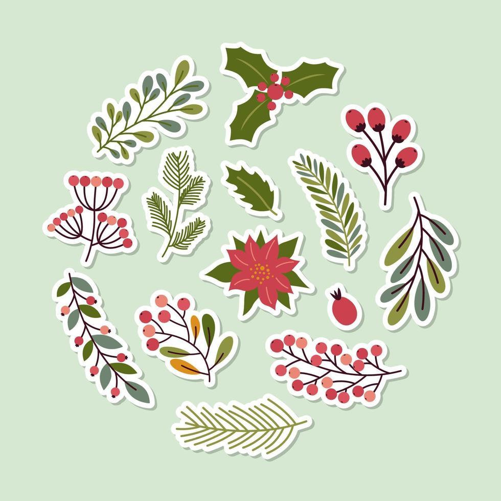 colección de pegatinas florales de invierno de la naturaleza vector
