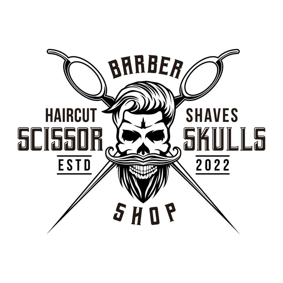 Scissor Skull moustache with hair style logo icon symbol black and white vintage template for labels, emblems, badges or design template vector