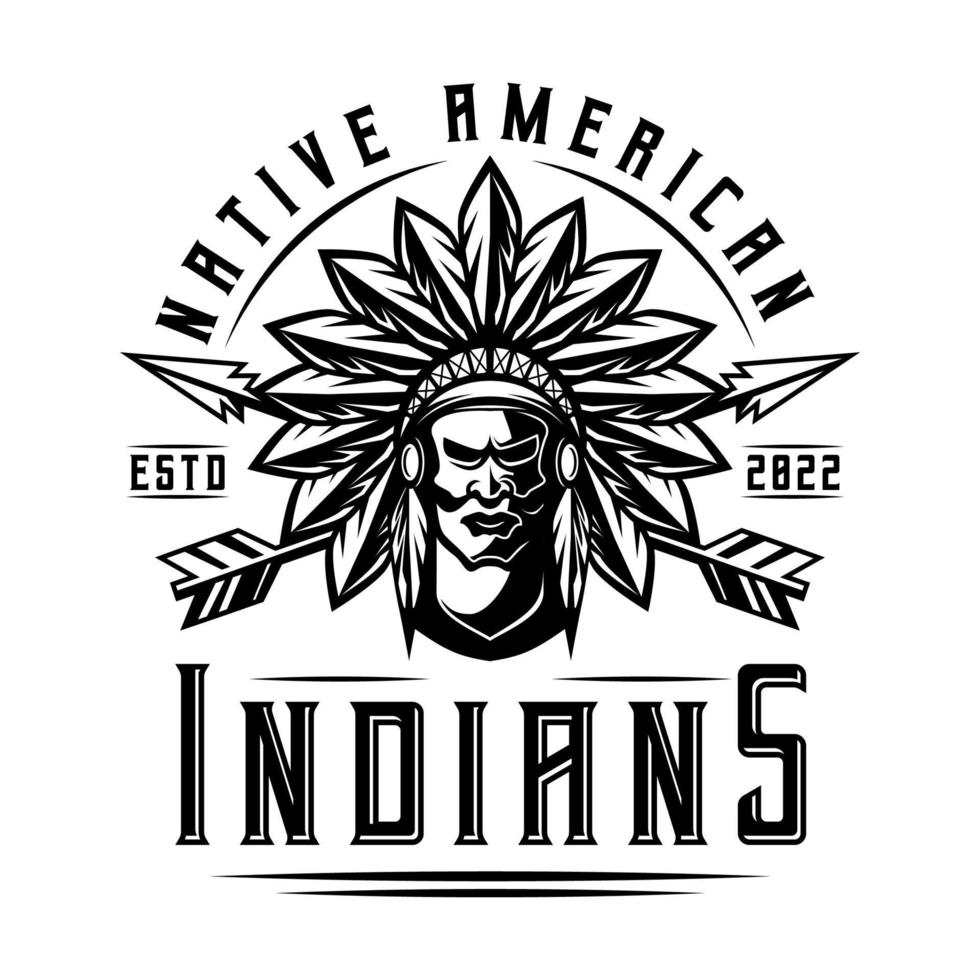 Indian Man Logo vintage style chief Apache mascot design character black and wahite silhouette vector illustration