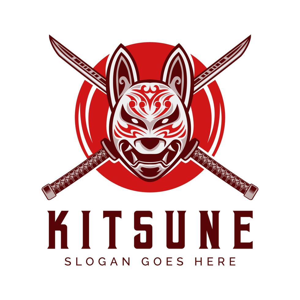 Kitsune and Cross Katana samurai Shuriken Head Japan Wolf Logo Modern Style Vector illustration