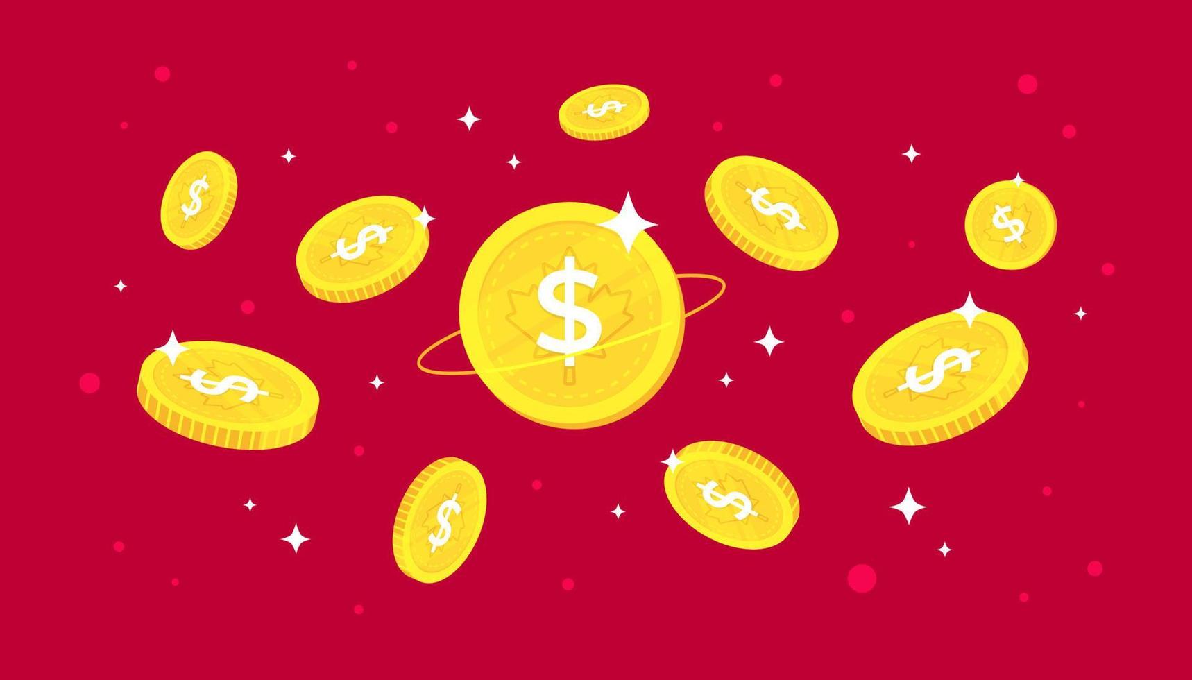 Digital Canadian dollar coins on red background. Canadian Central Bank Digital Currency CBDC concept banner background. vector
