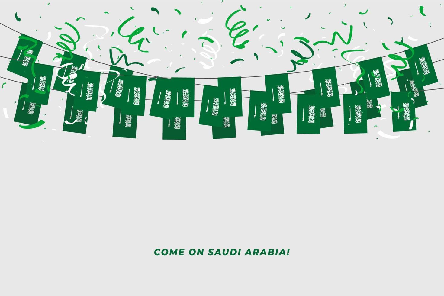 Saudi Arabia garland flag with confetti on white background, Hang bunting for Saudi Arabia celebration template banner. vector