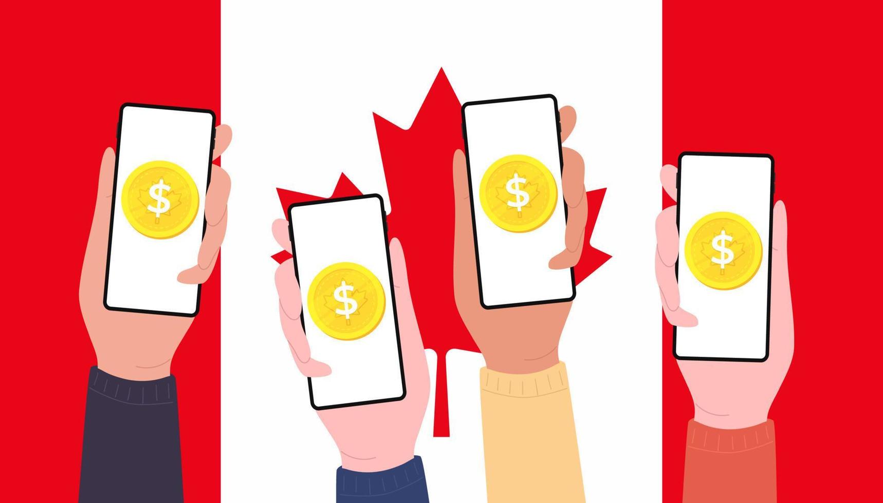 Digital Canadian dollar coins on mobile screen of people, CBDC currency futuristic digital money on Canada flag background. vector