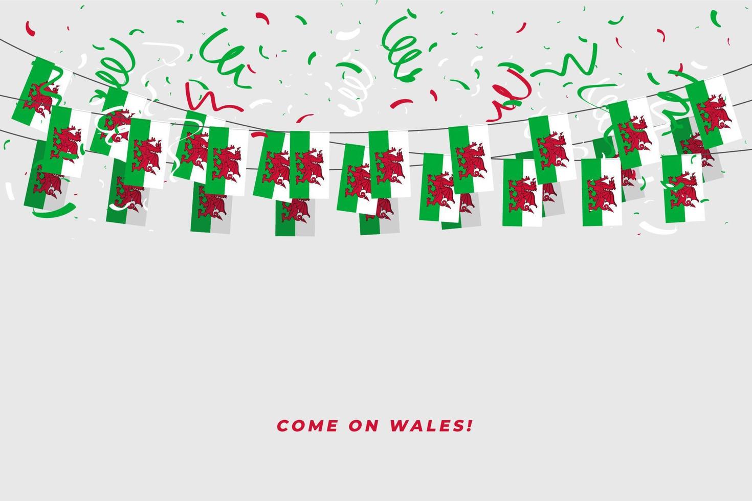 Wales garland flag with confetti on white background, Hang bunting for Wales celebration template banner. vector