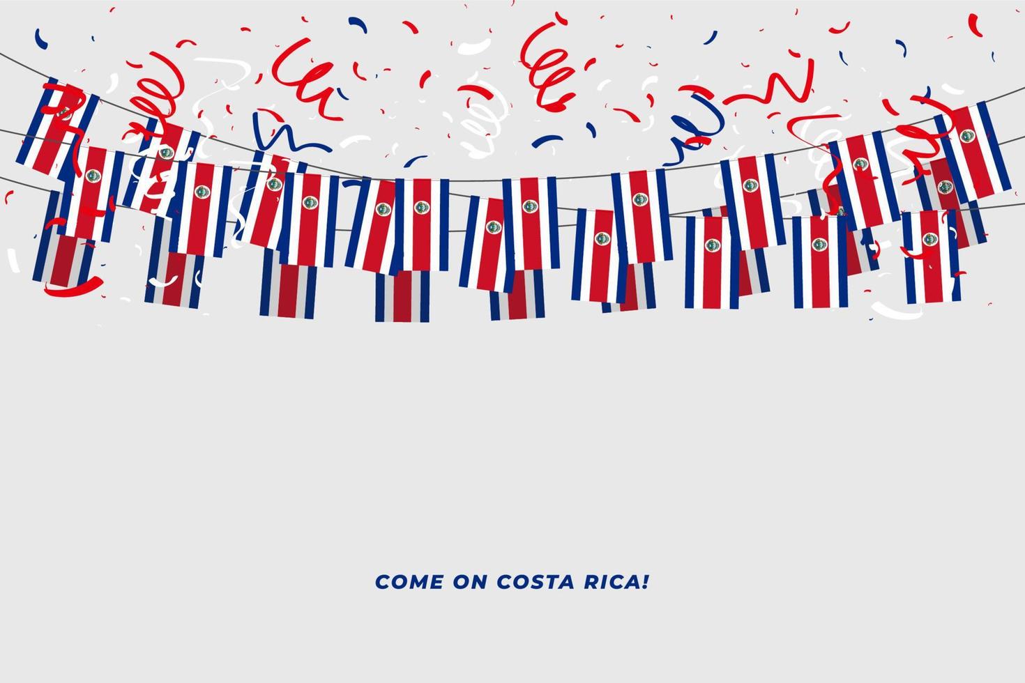 Costa Rica garland flag with confetti on white background, Hang bunting for Costa Rica celebration template banner. vector