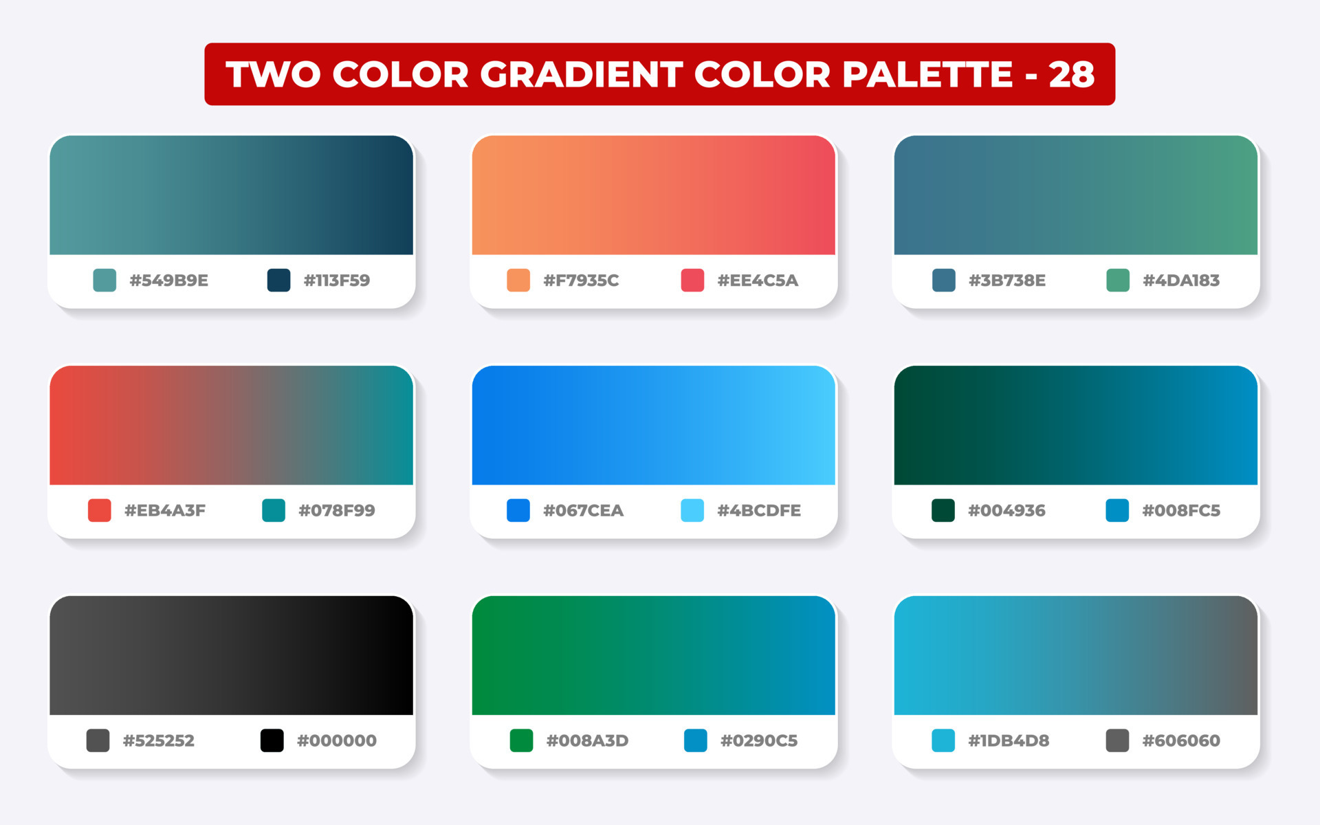 Gradient color palette with color codes in RGB or HEX, Catalog, Trendy colors, Gradient swatches