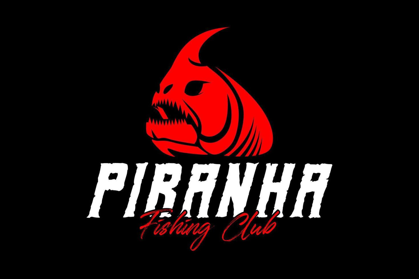 Piranha skeleton fish fishing logo on black dark background. modern vintage rustic logo design. great to use as your any fishing company logo and brand vector