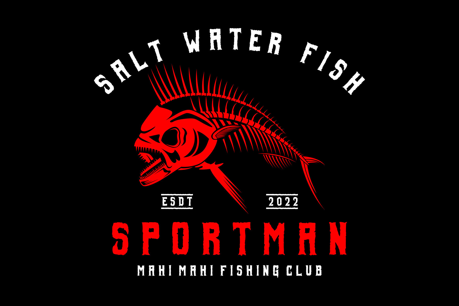 mahi mahi skeleton skull fishing logo on black dark background in