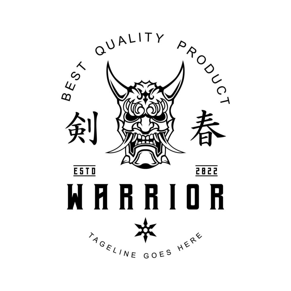 Angry Ronin Mask of Samurai Warrior Logo Helmet in vintage style black and white vector illustration