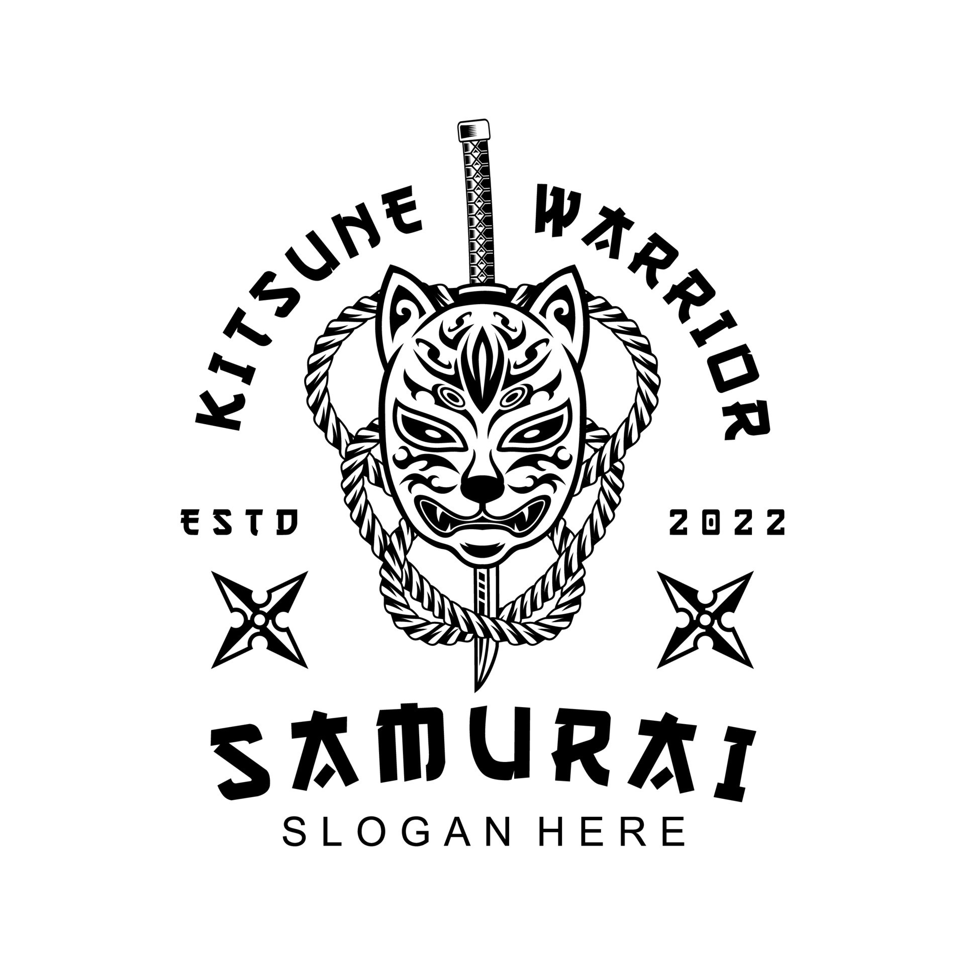 Kitsune Katana samurai Shuriken Head japanesee Wolf Logo in vintage ...