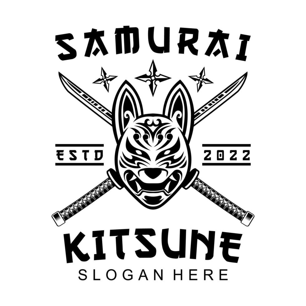 Cross Katana and Kitsune samurai Shuriken Head japanesee Wolf Logo in vintage style black and white vector illustration