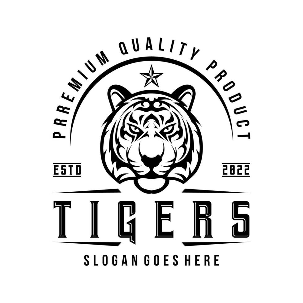 ilustración de vector de diseño de logotipo de cabeza de tigre enojado en blanco y negro en estilo vintage