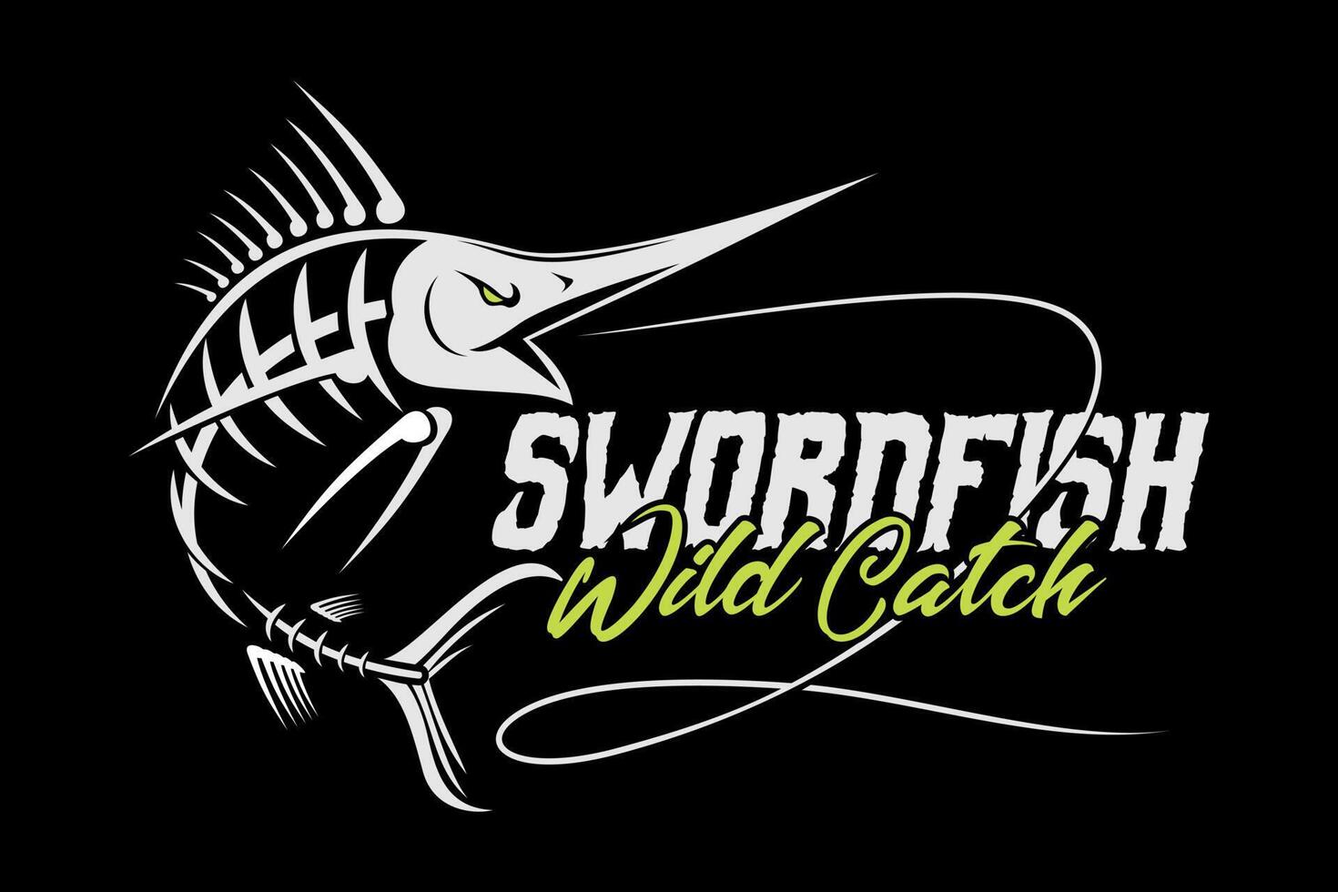 marlin swordfish fish skull skeleton in modern vintage rustic logo design style template on black dark background vector