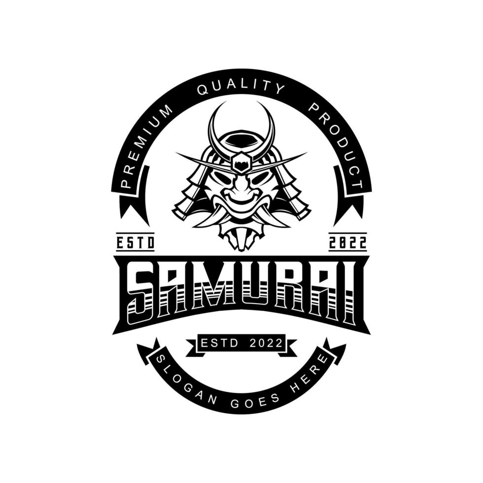 máscara de ronin cara enojada del casco del logotipo del guerrero samurai en estilo vintage ilustración vectorial en blanco y negro vector