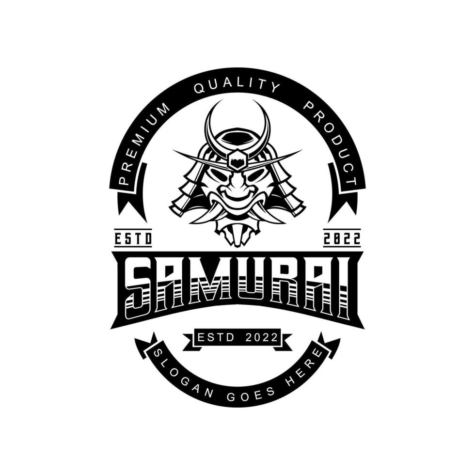Ronin Mask Angry  Face of Samurai Warrior Logo Helmet in vintage style black and white vector illustration