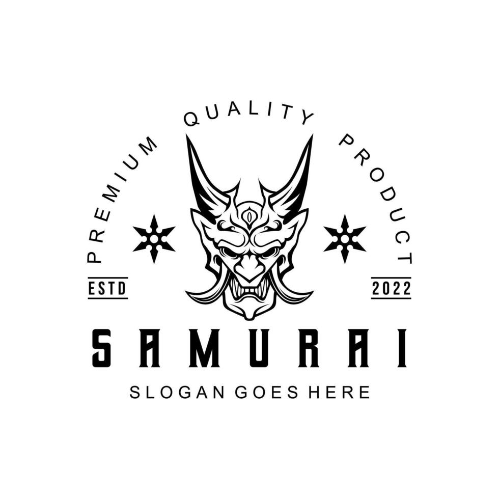 ronin samurai cara máscara logotipo icono símbolo blanco y negro plantilla vintage para etiquetas, emblemas, insignias o plantilla de diseño vector