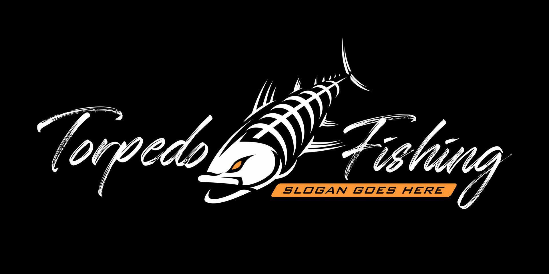 tuna fish skeleton skull fishing logo on black dark background in modern vintage rustic logo design style template vector illustration